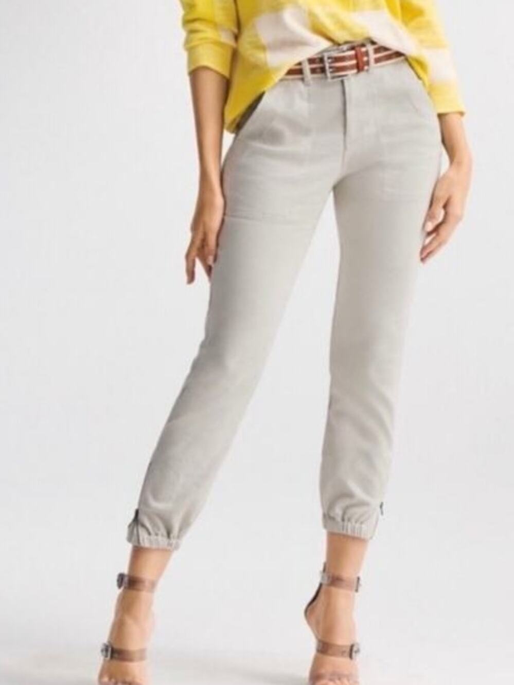 CAbi 6264 Compass Pants Tan Khaki Oyster Zip Ankle Jogger Style Women's Size 8